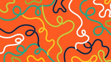 Sarının üzerinde beyaz, kırmızı, yeşil, deniz mavisi ve deniz mavisi şeklinde kıvrımlı çizgiler bulunan enerjik karalamalar. Yaratıcı ve parlak soyut görsel doku.