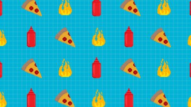 Parlak pikselli pizza dilimleri, tabaklar ve şefin şapkaları canlı kırmızı arka planda. Dijital mutfaklar, yemek blogları ve çevrimiçi menü tasarımı için mükemmel bir görsel.