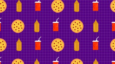 Pizzanın, kırmızı biberin ve parlak mor arka planda alev ikonlarının yer aldığı kalın baharatlı konsept. Yiyecek markalaşması ve ateşli temalı görsel içerik için göz alıcı.