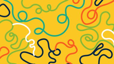 Kırmızı, lacivert, beyaz ve yeşil renkli kıvrımlı çizgiler parlak sarı arka planda. Modern yaratıcı kullanım için enerjik ve cesur kompozisyon.