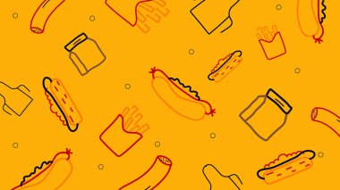 Renkli sosisli sandviç, patates kızartması ve turuncu üzerine kırmızı, sarı ve kahverengi sos kavanozları. Cesur görselleri ve eğlenceli ikonları olan oyuncu fast food konsepti.