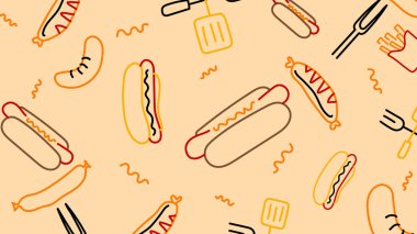 Sosisli sandviç, sosis, çatal ve bej üzerine kırmızı, sarı ve kahverengi spatula ile yaratıcı bir arka plan. Barbekü, ızgara ve fast food temalı projeler için ideal..