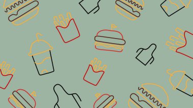 Patates kızartması, hamburger ve kırmızı, sarı ve siyah soğuk içeceklerle donatılmış nane yeşili arka plan. Restoran, büfe veya dağıtım markası için eğlenceli bir fast food tasarımı.