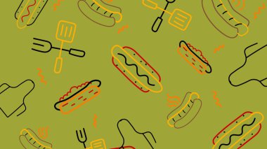 Sosisli sandviçler, sosisler ve çatal, zeytin yeşili spatula gibi ızgara aletleri. Barbekü, yemek festivali ya da yaz pikniği tasarımı için mükemmel.