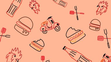 Hamburgerler, scooterlar, tavuk kafaları, çatallar ve soda şişeleriyle şeftali arkaplanı. İlginç ve yaratıcı bir yemek dağıtım temalı tasarım..