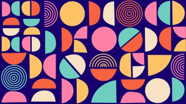 Donanma tuvali üzerinde kalın şekiller ve canlı renkler barındıran Retro-modern soyut kompozisyon. Dairesel ve yarı dairesel biçimler yaratıcı tasarımlar için sanatsal uyum yaratır.