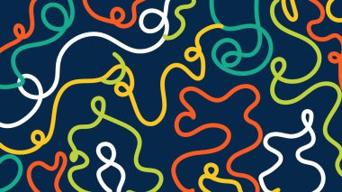 Kırmızı, sarı, yeşil, beyaz ve koyu mavi renkli kıvrımlı ve oyuncu çizgiler. Canlı modern görsel projeler için cesur ve enerjik bileşim.