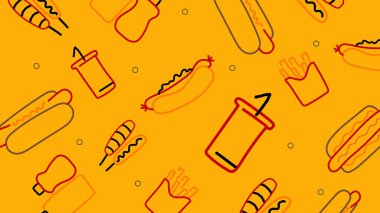 Sosisli sandviç, patates kızartması, soda bardağı ve kalın çizgili soslarla dolu parlak sarı bir arka plan. Eğlence ve gelişigüzel görseller için enerjik fast food temalı tasarım.