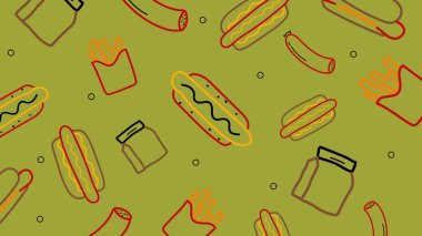 Canlı tonlarda sosisli, patates kızartması, kavanoz ve sosis ile zeytin yeşili arka plan. Yaratıcı tasarımlar için ilginç ve retro yemek temalı bir kompozisyon..