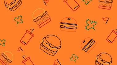 Çizgili hamburgerler, soda bardakları ve kalın çizgili yaprak ikonlarıyla turuncu arka plan. Fast food reklamları, abur cubur paketleri ve restoran görselleri için ideal..
