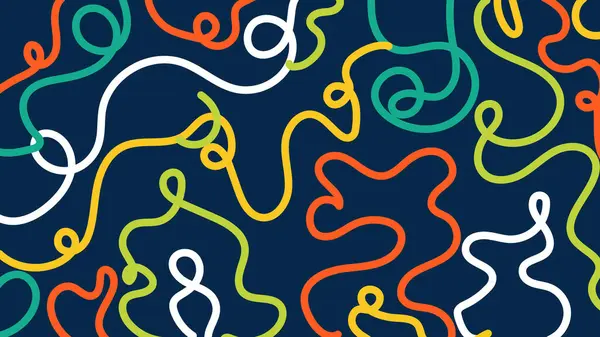 Kırmızı, sarı, yeşil, beyaz ve koyu mavi renkli kıvrımlı ve oyuncu çizgiler. Canlı modern görsel projeler için cesur ve enerjik bileşim.
