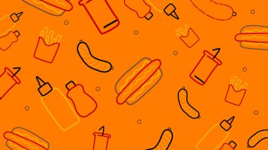 Sosisli sandviç, sosis, patates kızartması ve ketçap şişeleriyle dolu parlak bir arka plan. Kalın fast food simgeleri atıştırmalık, lokanta veya restoran görselleri için mükemmeldir..