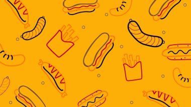 Lezzetli sosisler, sosisler ve açık sarı üzerine kızarmış patatesler. Kalın ve eğlenceli bir yemek düzeni markalar, menüler ya da fast food reklamları için ideal..