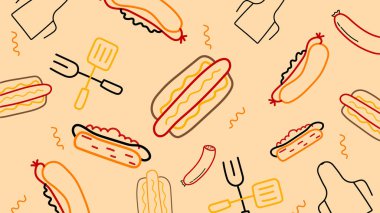 Sosisli sandviçler, ızgara aletleri, önlükler ve eğlence hattında sosislerle bej arka plan. Barbekü temalı görseller, barbekü reklamları ve şenlik tasarımları için ideal. raster illüstrasyonu