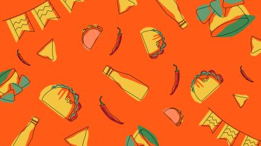 Kırmızı-turuncu temalı tasarım takolar, biber şişeleri, nacholar ve parti bayrakları, baharat temalı etkinlikler veya yiyecek markaları için mükemmel..