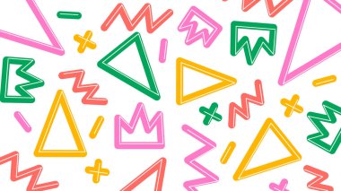 El yapımı üçgenler, tacı andıran şekiller ve yeşil, turuncu, pembe ve sarı renkli eğlenceli semboller. Canlı, neşeli bir görünüş çocuklar ve yaratıcı görüntüler için mükemmel..