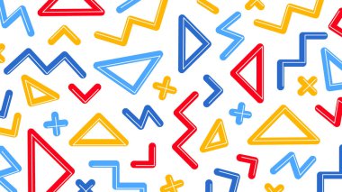 Üçgenler, zigzaglar ve kırmızı, sarı ve mavi renkli oyuncu işaretler enerjik ve soyut bir kompozisyon oluşturur. Oyuncu, retro ve sanatsal kullanım için mükemmel.