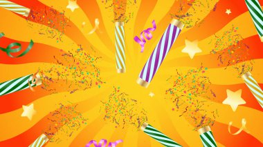 Mor ve sarı popper ve üçgen kiraz çiçekleri yıldızlara dönüşür ve gökyüzü mavisi spiral bir arka planda konfeti oluşturarak eğlenceli bir parti havası yaratır..