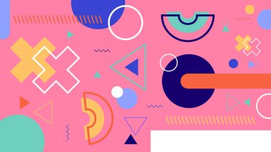 Cesur soyut şekiller, haçlar, yarım daireler ve anlamlı renk bloklarıyla dolu parlak ve eğlenceli bir pembe arka plan..