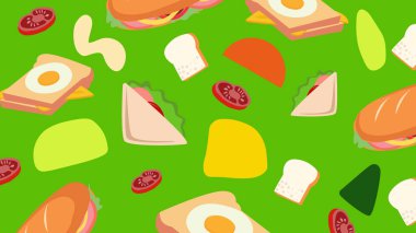 İçinde yumurtalı sandviçler, tost dilimleri ve domatesler olan yeşil fon. Canlı ve lezzetli bir sabah yemeği tasarımı..