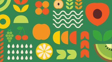 Canlı meyve kesimleri ve tohum esinlenilmiş turuncu ve sarı şekiller koyu yeşil bir tabanda, çiftlikten sofraya görseller için ideal.