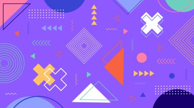 Memphis 'ten esinlenilmiş zarif soyut tasarım katmanlı üçgenler, elmaslar ve parlak mor arka planda haçlar..