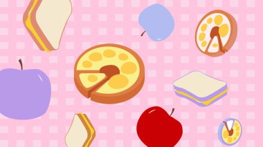 Taze ve renkli kahvaltı tabağı için sosisli, domatesli ve yapraklı sebzeli mor ekoseli arka plan..