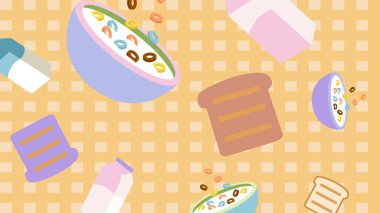 Açık mavi kareli kruvasan, sıcak kahve fincanı ve konforlu kahvaltı temalı renkli cam bardak..