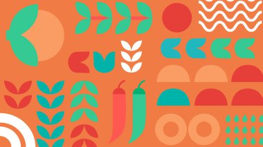 Kırmızı biberli turuncu arkaplan, soyut vejetaryen formları ve canlı, cesur bir çiftlikte dizayn edilmiş yaprak ikonları..