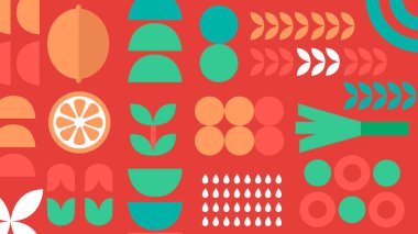 Soyut narenciye dilimleri, pırasa sapları, tohumlar ve geometrik tarım elementleriyle modern bir sebze illüstrasyonunda yapraklarla kırmızı zemin.