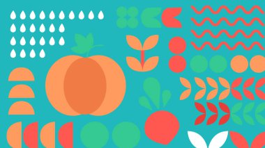 Kabak, turp, yapraklar ve tohumlarla dolu parlak mavi arkaplan modern, soyut çiftlik tarzı görsel kompozisyonda.