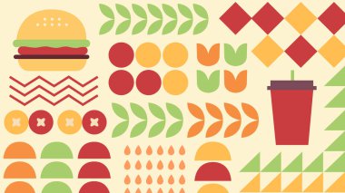 Ketçap şişesi, domates, bayrak ikonu ve soyut gıda blokları içeren zengin kahverengi arka plan. Sos ve fast food görselleri için mükemmel..