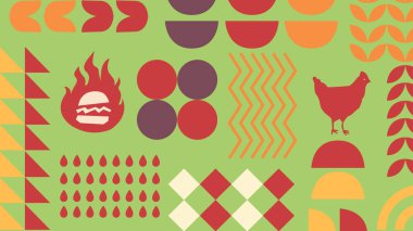 Yumuşak bej arka planda alevler, daireler ve polo gömlekli bir ızgara tasviri, barbekü ya da barbekü temasını yansıtıyor.