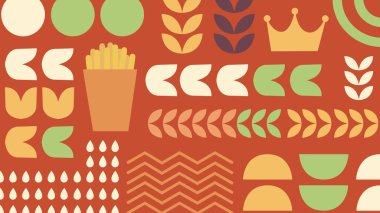 Sarı arkaplanda cam, dama tahtası ve hamburger simgesi. Geçmişe dönük fast food temalarından esinlenerek cesur görsel elementler..