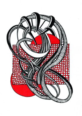 Bu illüstrasyon siyah, beyaz ve kırmızı renkler kullanılarak soyut grafik biçiminde yapılır.