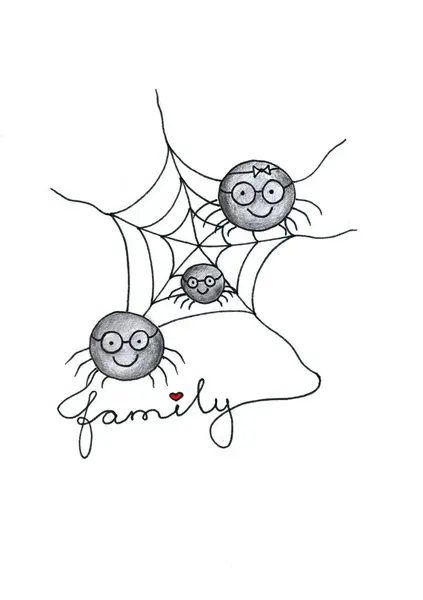 Basit bir kalem ve siyah kalemle çizilmiş, ağdaki örümceklerden oluşan bir ailenin tasviri. 