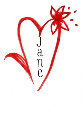 Üzerinde suluboya ve siyah kalemle yazılmış bir yazı olan kırmızı bir kalbin resmi..