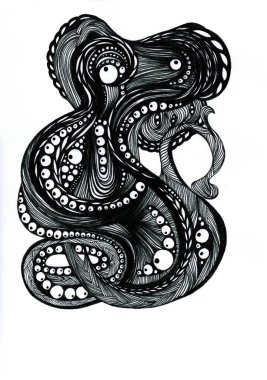 Çizim, düz eğriler ve karmaşık desenlerin birleştirildiği beyaz arkaplan üzerindeki siyah çizgilerle yapılır..