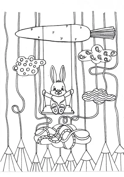 Salıncakta sallanan bir tavşanın çizimi, çocuk boyama kitabı olarak kullanılan siyah bir çizim..