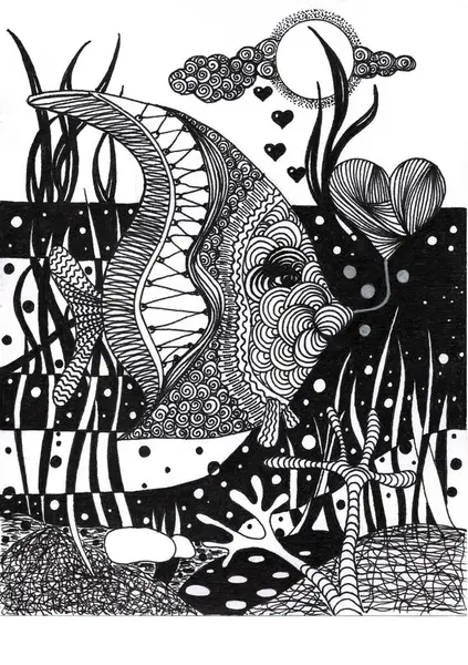 Karmaşık desenlerle yaratılmış, siyah bir kalple çizilmiş, kalbi olan bir balık tasviri..