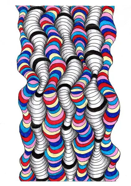 Renkli keçeli kalemler, siyah bir kalem ve basit bir kalemle çizilmiş kavisli segmentler şeklinde soyut illüstrasyon.