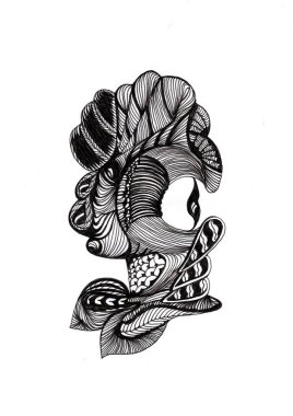 Karmaşık desenlerin soyut bir çizimi. Uyumlu bir kompozisyon oluşturuyor. Siyah bir çizgiyle çizilmiş.. 