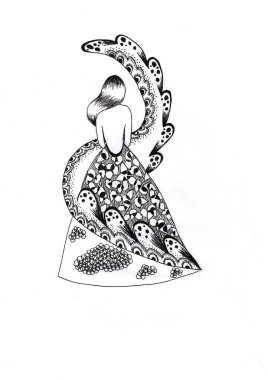 Karmaşık desenli şık elbiseli kızların çizimleri..