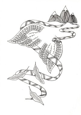 Bu illüstrasyon siyah ve beyaz grafiklerle yapılır ve doğal ve fantezi unsurlarını birleştirir..