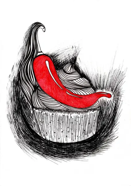 Çizim, kırmızı renk kullanılarak siyah-beyaz yapılmış sürrealist bir çizimdir..