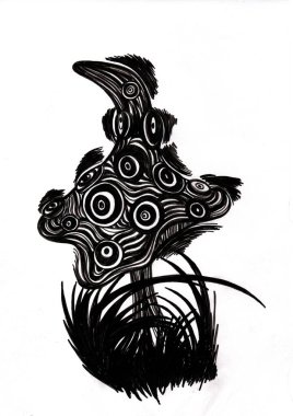 Muhteşem bir mantarın siyah beyaz görüntüsü, bir kalemle çizilmiş..