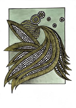 Çemberler ve çizgilerle soyut çizimler, renkli kalemler ve siyah kalemlerle çizilmiş uyumlu bir kompozisyon oluşturur..