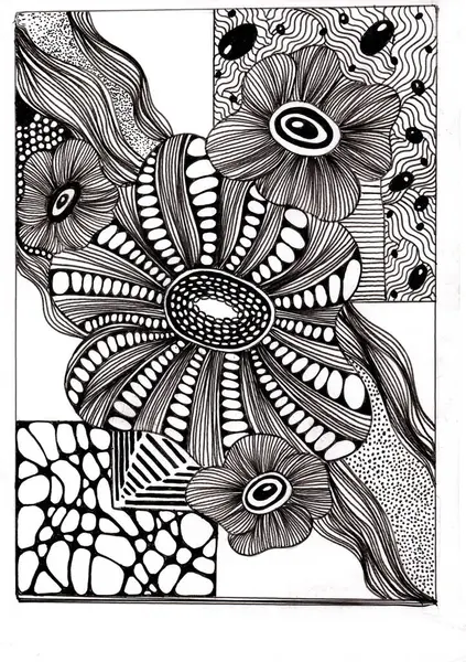 Çiçeklerin siyah ve beyaz çizimi siyah bir çizgiyle uyumlu bir kompozisyon oluşturuyor..