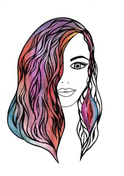 Suluboya ve siyah kalemle çizilmiş bir kız kafası..