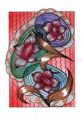 Bu, çiçek, dalga, girdap çizgileri ve dekoratif desenleri birleştiren canlı ve soyut bir bileşimdir..